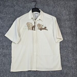 Koret Francisca Women XL Button Front Shirt Cream Safari Animal Embroidered